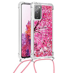 Custodia Silicone Cover Morbida Bling-Bling con Cinghia Cordino Mano S02 per Samsung Galaxy S20 FE 4G Rosa Caldo