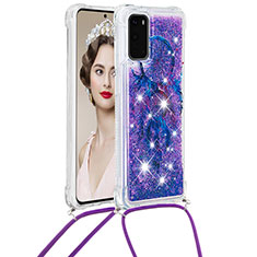 Custodia Silicone Cover Morbida Bling-Bling con Cinghia Cordino Mano S02 per Samsung Galaxy S20 Viola