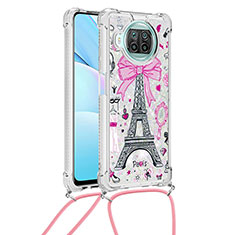 Custodia Silicone Cover Morbida Bling-Bling con Cinghia Cordino Mano S02 per Xiaomi Mi 10i 5G Rosa