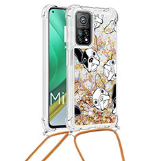 Custodia Silicone Cover Morbida Bling-Bling con Cinghia Cordino Mano S02 per Xiaomi Mi 10T 5G Oro