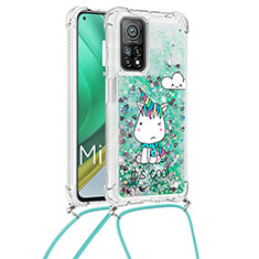 Custodia Silicone Cover Morbida Bling-Bling con Cinghia Cordino Mano S02 per Xiaomi Mi 10T 5G Verde