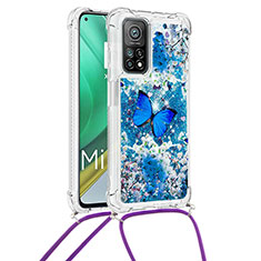 Custodia Silicone Cover Morbida Bling-Bling con Cinghia Cordino Mano S02 per Xiaomi Mi 10T Pro 5G Blu