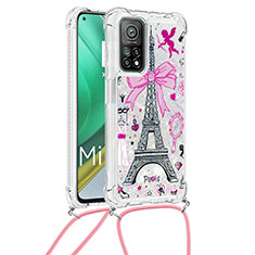 Custodia Silicone Cover Morbida Bling-Bling con Cinghia Cordino Mano S02 per Xiaomi Mi 10T Pro 5G Rosa