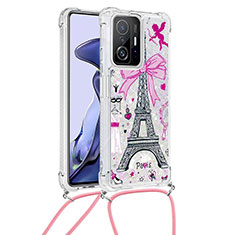 Custodia Silicone Cover Morbida Bling-Bling con Cinghia Cordino Mano S02 per Xiaomi Mi 11T 5G Rosa