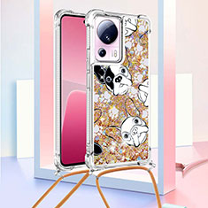 Custodia Silicone Cover Morbida Bling-Bling con Cinghia Cordino Mano S02 per Xiaomi Mi 13 Lite 5G Oro
