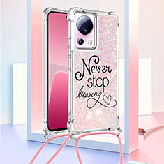 Custodia Silicone Cover Morbida Bling-Bling con Cinghia Cordino Mano S02 per Xiaomi Mi 13 Lite 5G Oro Rosa