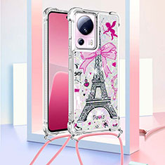 Custodia Silicone Cover Morbida Bling-Bling con Cinghia Cordino Mano S02 per Xiaomi Mi 13 Lite 5G Rosa