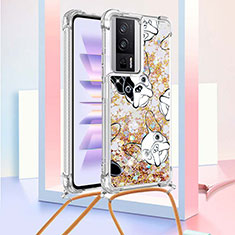 Custodia Silicone Cover Morbida Bling-Bling con Cinghia Cordino Mano S02 per Xiaomi Poco F5 Pro 5G Oro