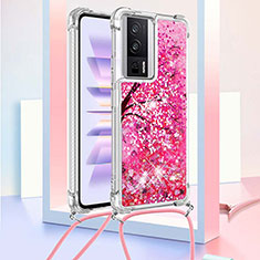 Custodia Silicone Cover Morbida Bling-Bling con Cinghia Cordino Mano S02 per Xiaomi Poco F5 Pro 5G Rosa Caldo