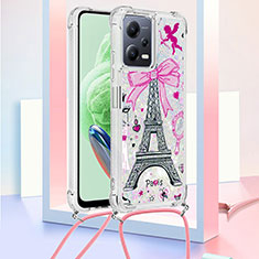 Custodia Silicone Cover Morbida Bling-Bling con Cinghia Cordino Mano S02 per Xiaomi Redmi Note 12 5G Oro Rosa
