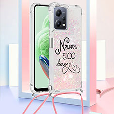 Custodia Silicone Cover Morbida Bling-Bling con Cinghia Cordino Mano S02 per Xiaomi Redmi Note 12 5G Rosa