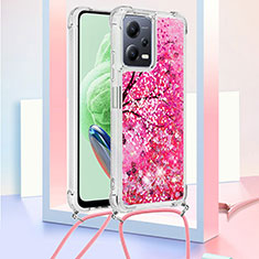 Custodia Silicone Cover Morbida Bling-Bling con Cinghia Cordino Mano S02 per Xiaomi Redmi Note 12 5G Rosa Caldo