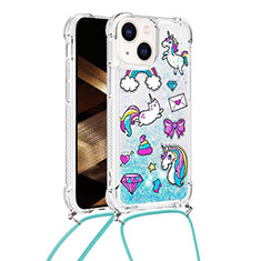 Custodia Silicone Cover Morbida Bling-Bling con Cinghia Cordino Mano S03 per Apple iPhone 13 Azzurro