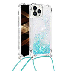 Custodia Silicone Cover Morbida Bling-Bling con Cinghia Cordino Mano S03 per Apple iPhone 13 Pro Max Cielo Blu