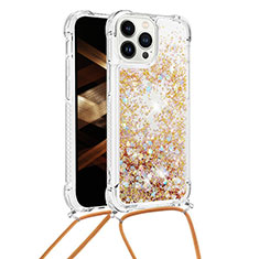 Custodia Silicone Cover Morbida Bling-Bling con Cinghia Cordino Mano S03 per Apple iPhone 13 Pro Max Oro