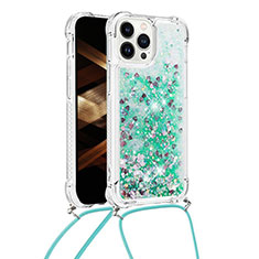 Custodia Silicone Cover Morbida Bling-Bling con Cinghia Cordino Mano S03 per Apple iPhone 13 Pro Max Verde