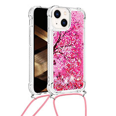 Custodia Silicone Cover Morbida Bling-Bling con Cinghia Cordino Mano S03 per Apple iPhone 13 Rosa Caldo