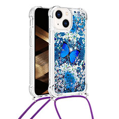 Custodia Silicone Cover Morbida Bling-Bling con Cinghia Cordino Mano S03 per Apple iPhone 14 Blu