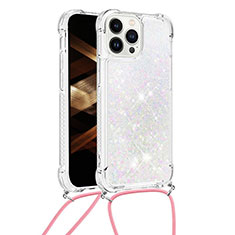 Custodia Silicone Cover Morbida Bling-Bling con Cinghia Cordino Mano S03 per Apple iPhone 14 Pro Argento