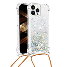 Custodia Silicone Cover Morbida Bling-Bling con Cinghia Cordino Mano S03 per Apple iPhone 14 Pro Max Azzurro