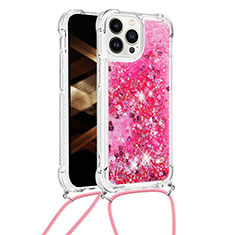 Custodia Silicone Cover Morbida Bling-Bling con Cinghia Cordino Mano S03 per Apple iPhone 14 Pro Max Rosso