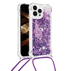 Custodia Silicone Cover Morbida Bling-Bling con Cinghia Cordino Mano S03 per Apple iPhone 14 Pro Viola