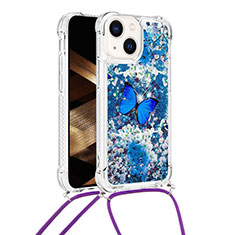 Custodia Silicone Cover Morbida Bling-Bling con Cinghia Cordino Mano S03 per Apple iPhone 15 Plus Blu