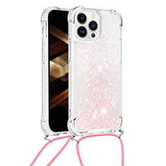 Custodia Silicone Cover Morbida Bling-Bling con Cinghia Cordino Mano S03 per Apple iPhone 15 Pro Rosa