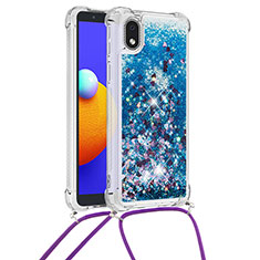 Custodia Silicone Cover Morbida Bling-Bling con Cinghia Cordino Mano S03 per Samsung Galaxy A01 Core Blu