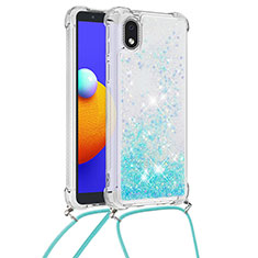 Custodia Silicone Cover Morbida Bling-Bling con Cinghia Cordino Mano S03 per Samsung Galaxy A01 Core Cielo Blu