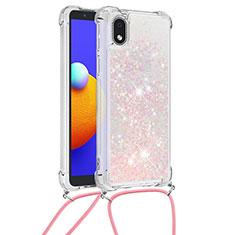 Custodia Silicone Cover Morbida Bling-Bling con Cinghia Cordino Mano S03 per Samsung Galaxy A01 Core Rosa
