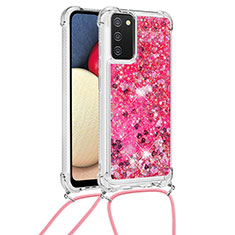 Custodia Silicone Cover Morbida Bling-Bling con Cinghia Cordino Mano S03 per Samsung Galaxy A02s Rosa Caldo