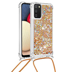 Custodia Silicone Cover Morbida Bling-Bling con Cinghia Cordino Mano S03 per Samsung Galaxy A03s Oro