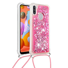 Custodia Silicone Cover Morbida Bling-Bling con Cinghia Cordino Mano S03 per Samsung Galaxy A11 Rosa Caldo