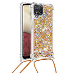 Custodia Silicone Cover Morbida Bling-Bling con Cinghia Cordino Mano S03 per Samsung Galaxy A12 Nacho Oro