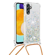 Custodia Silicone Cover Morbida Bling-Bling con Cinghia Cordino Mano S03 per Samsung Galaxy A13 5G Argento
