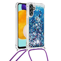 Custodia Silicone Cover Morbida Bling-Bling con Cinghia Cordino Mano S03 per Samsung Galaxy A13 5G Blu