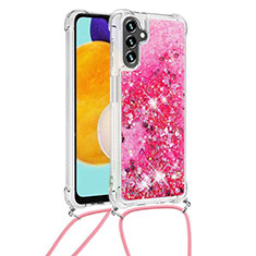 Custodia Silicone Cover Morbida Bling-Bling con Cinghia Cordino Mano S03 per Samsung Galaxy A13 5G Rosa Caldo