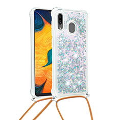 Custodia Silicone Cover Morbida Bling-Bling con Cinghia Cordino Mano S03 per Samsung Galaxy A20 Argento