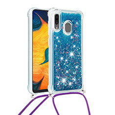 Custodia Silicone Cover Morbida Bling-Bling con Cinghia Cordino Mano S03 per Samsung Galaxy A20 Blu