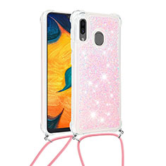 Custodia Silicone Cover Morbida Bling-Bling con Cinghia Cordino Mano S03 per Samsung Galaxy A20 Rosa