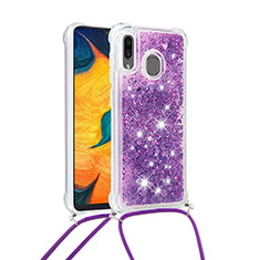 Custodia Silicone Cover Morbida Bling-Bling con Cinghia Cordino Mano S03 per Samsung Galaxy A20 Viola