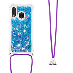 Custodia Silicone Cover Morbida Bling-Bling con Cinghia Cordino Mano S03 per Samsung Galaxy A20e Blu