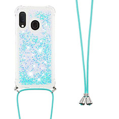 Custodia Silicone Cover Morbida Bling-Bling con Cinghia Cordino Mano S03 per Samsung Galaxy A20e Cielo Blu