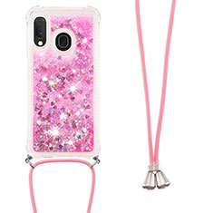 Custodia Silicone Cover Morbida Bling-Bling con Cinghia Cordino Mano S03 per Samsung Galaxy A20e Rosa Caldo