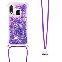 Custodia Silicone Cover Morbida Bling-Bling con Cinghia Cordino Mano S03 per Samsung Galaxy A20e Viola