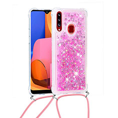 Custodia Silicone Cover Morbida Bling-Bling con Cinghia Cordino Mano S03 per Samsung Galaxy A20s Rosa Caldo