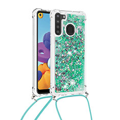 Custodia Silicone Cover Morbida Bling-Bling con Cinghia Cordino Mano S03 per Samsung Galaxy A21 Verde