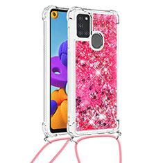 Custodia Silicone Cover Morbida Bling-Bling con Cinghia Cordino Mano S03 per Samsung Galaxy A21s Rosa Caldo