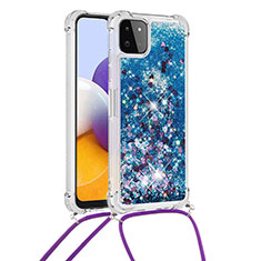 Custodia Silicone Cover Morbida Bling-Bling con Cinghia Cordino Mano S03 per Samsung Galaxy A22 5G Blu